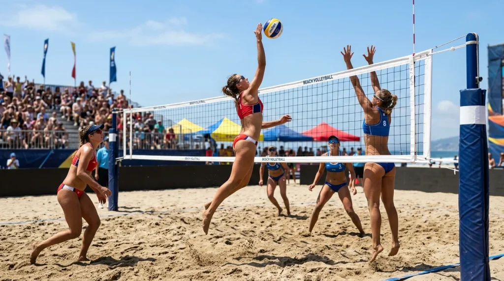 Beachvolleyball-Spielfeld im Sand mit Netz und Spielern bei einem Turnier