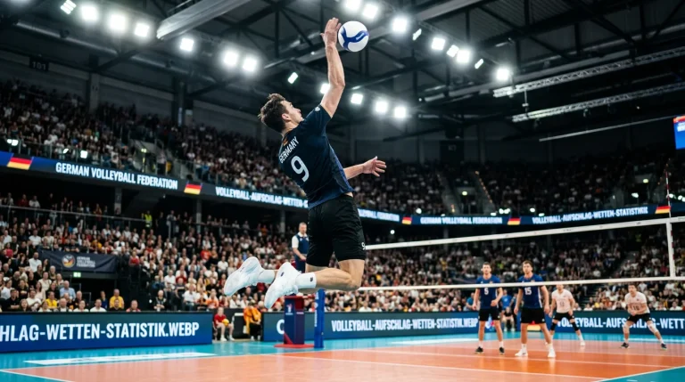 Volleyball-Spieler beim Sprungaufschlag in einer Sporthalle mit Netz und Spielfeld