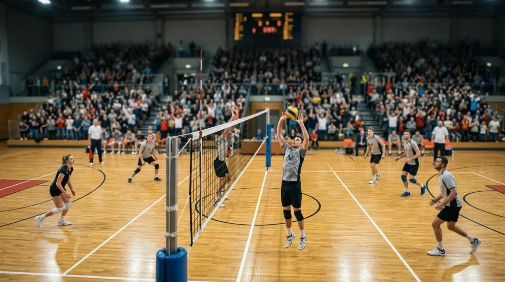 Volleyball-Bundesliga-Spiel in einer deutschen Halle mit Zuschauern