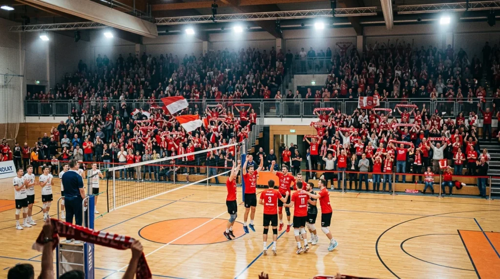 Volleyball-Heimspiel in einer vollen Halle mit Fans und Spielern auf dem Feld