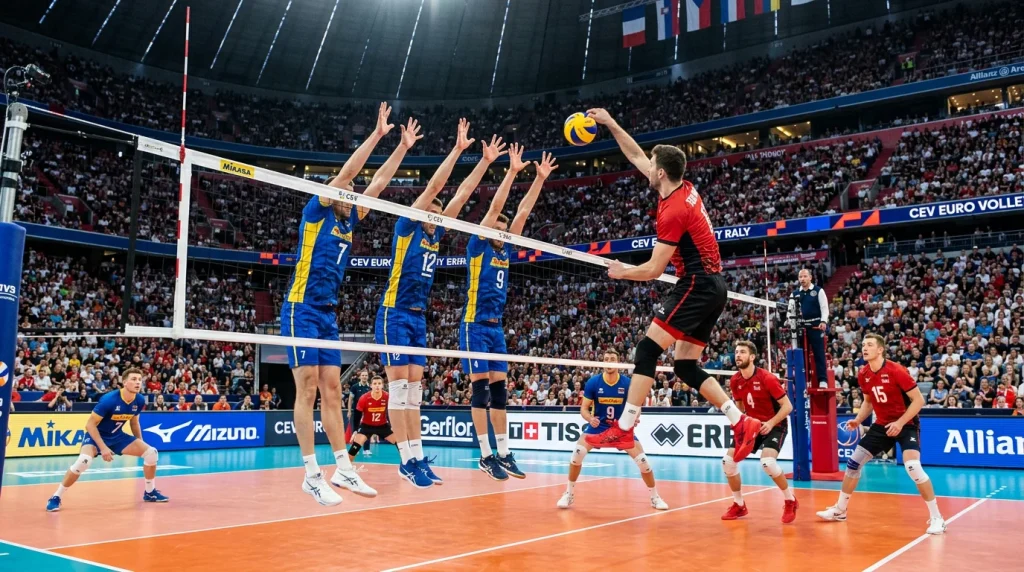 Professionelles Volleyball-Spiel in einer internationalen Liga mit Spielern am Netz