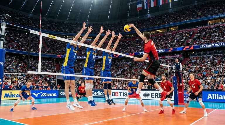Professionelles Volleyball-Spiel in einer internationalen Liga mit Spielern am Netz