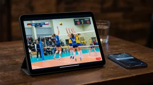 Tablet mit Volleyball-Live-Stream und Wettquoten auf dem Bildschirm