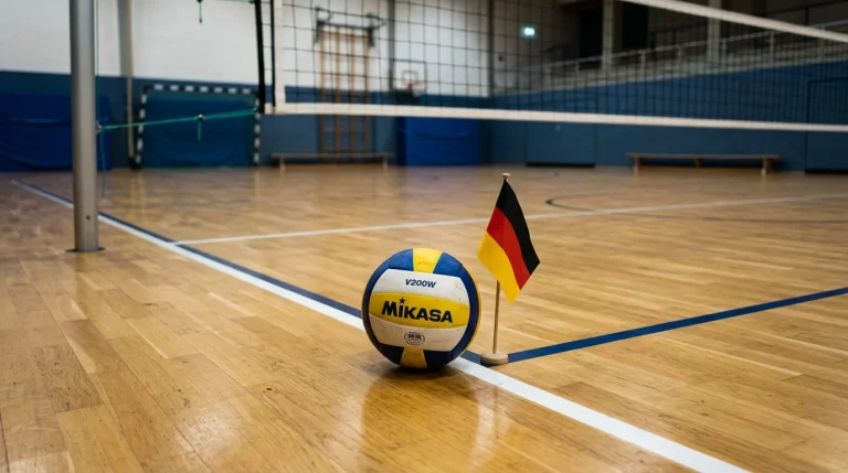Volleyball neben einer Deutschland-Flagge als Symbol für den deutschen Sportwetten-Markt