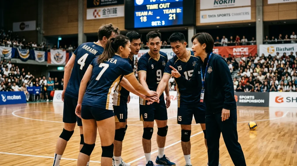 Volleyball-Spieler feiert nach einer Punkteserie mit dem Team in der Halle
