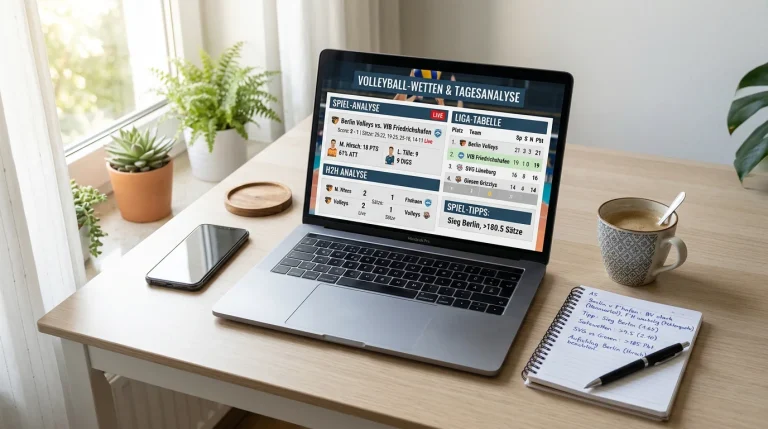 Laptop mit Volleyball-Spielstatistiken und Tagesplan für Wettanalyse auf dem Schreibtisch